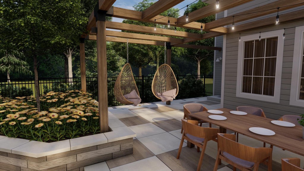 3D design — pergola dining and egg-chair lounge