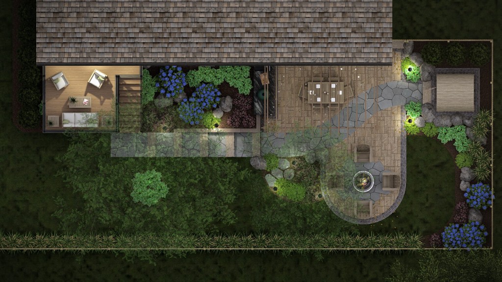 3D design — night lighting plan with deck and fire pit