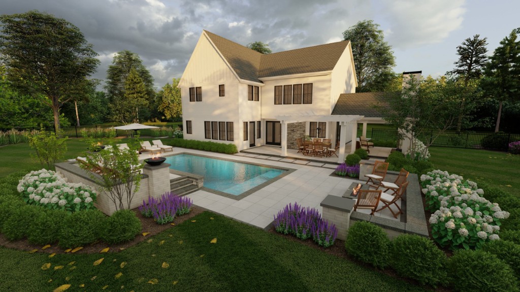 3D design — pool courtyard with pergola dining