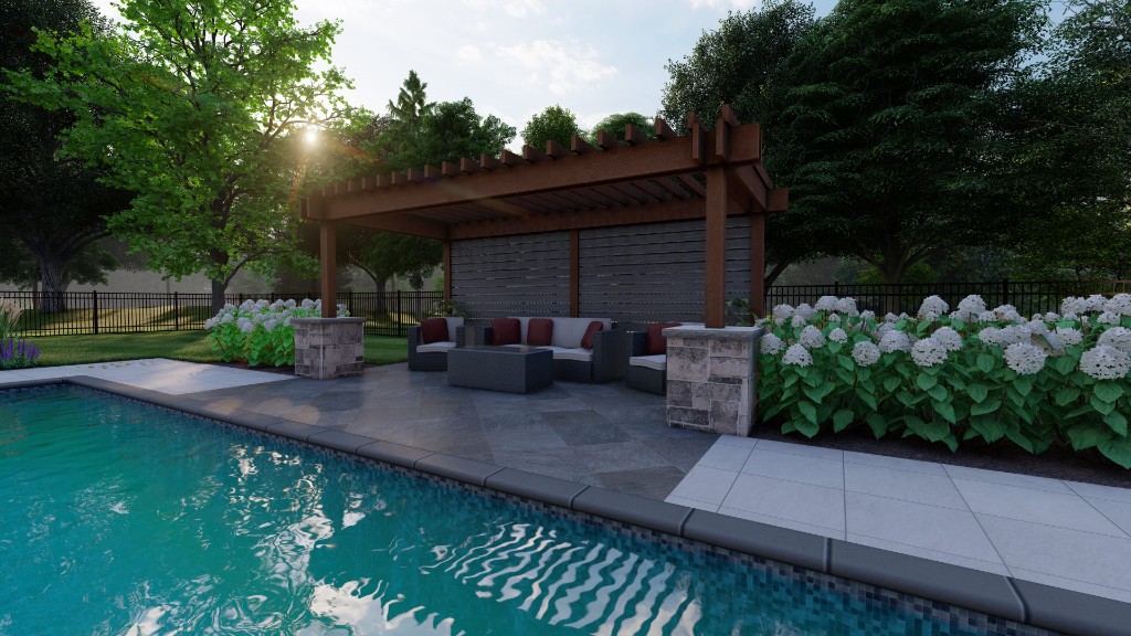 3D design — patio lounge and circular fire pit