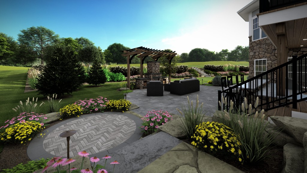 3D design — multi-level patio with stone fireplace