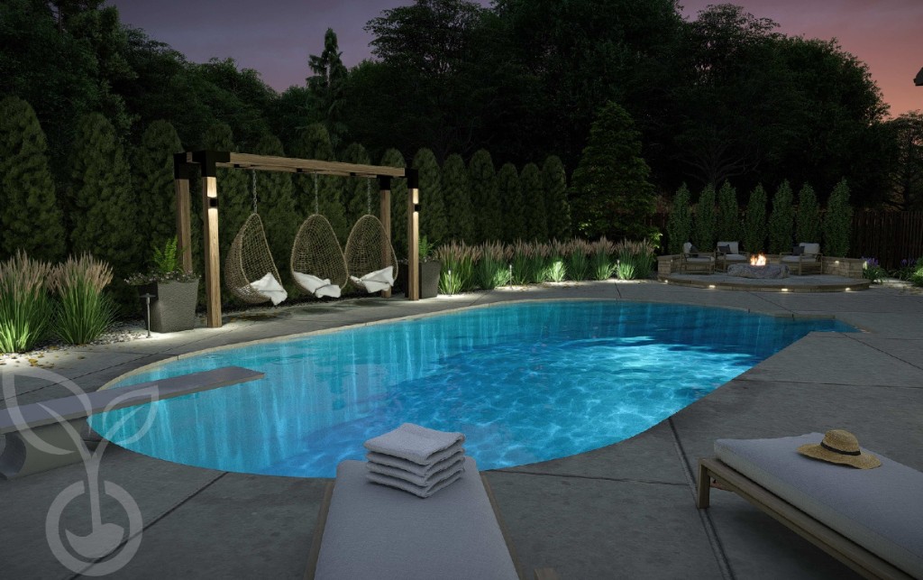 Custom swimming pool — Alvarado pool and hanging chairs