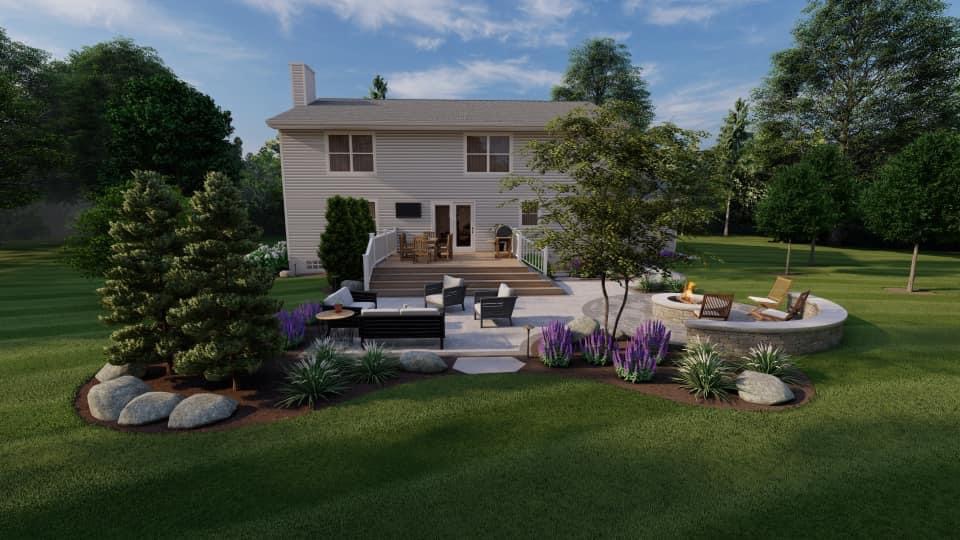 Deck and patio — dining deck with stairs to lounge patio