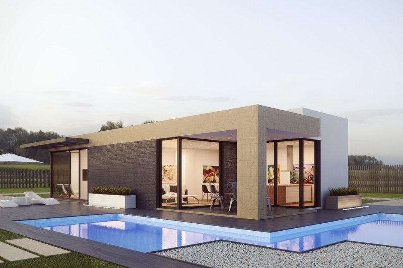 Landscape design in Mound, MN — L-shaped pool and outdoor lounge