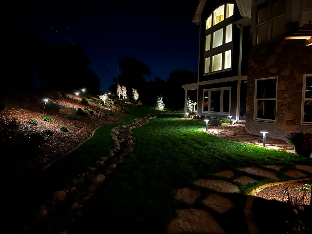 Landscape lighting — walkway and uplit trees at night
