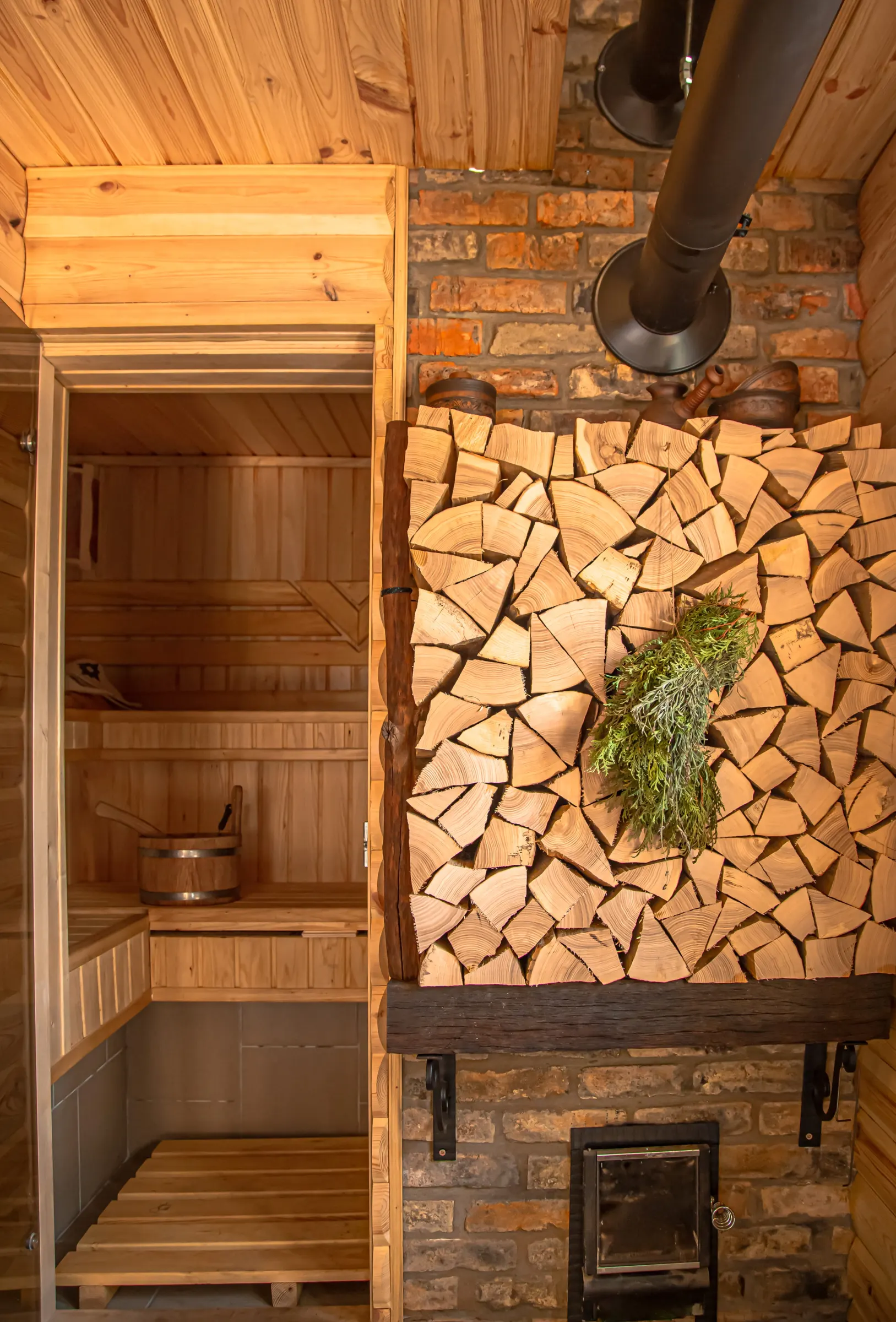 Outdoor sauna — wood interior wellness space