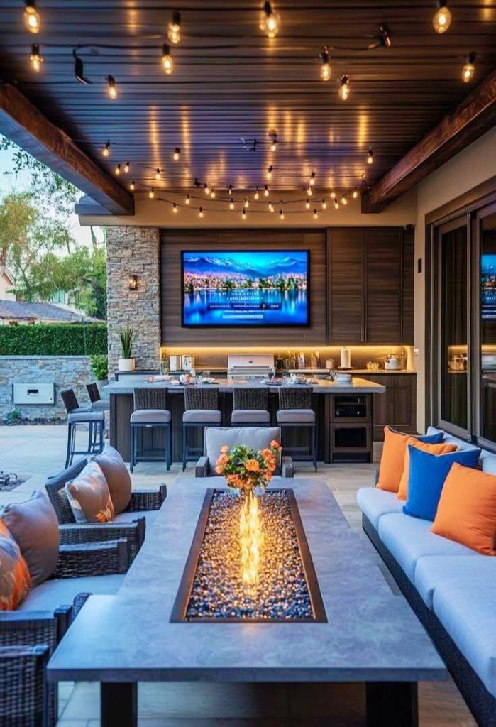 Outdoor kitchen — fire table lounge under timber ceiling