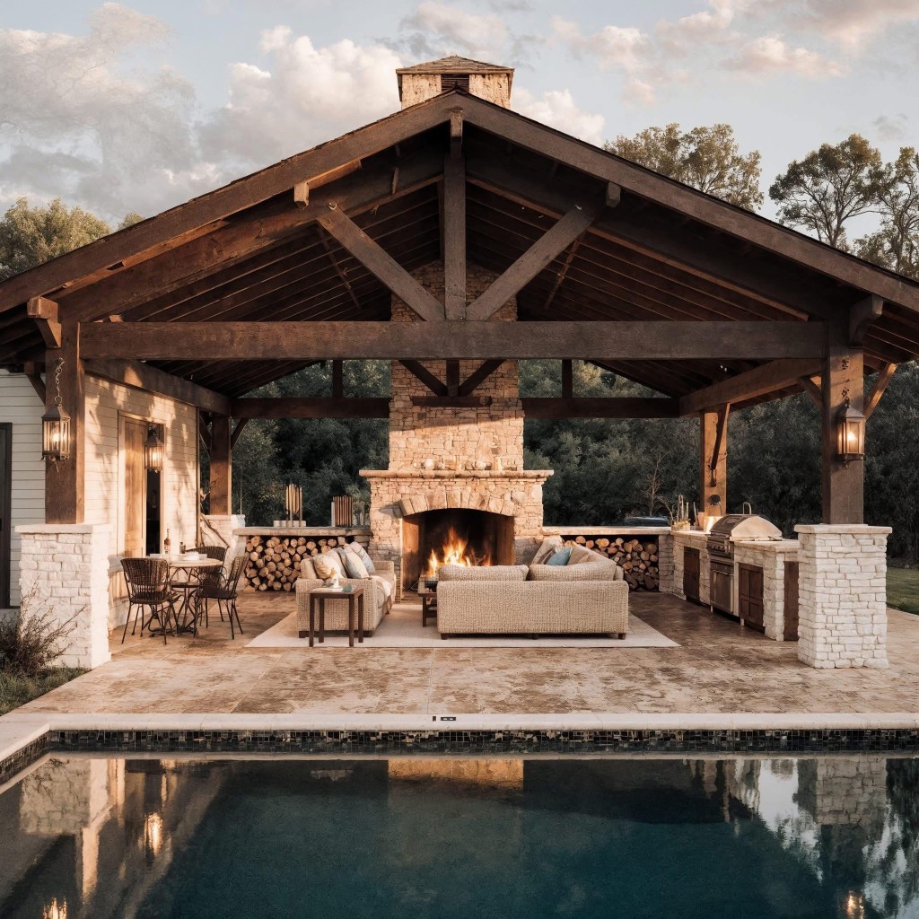 Pavilion — fireplace lounge reflected in the pool